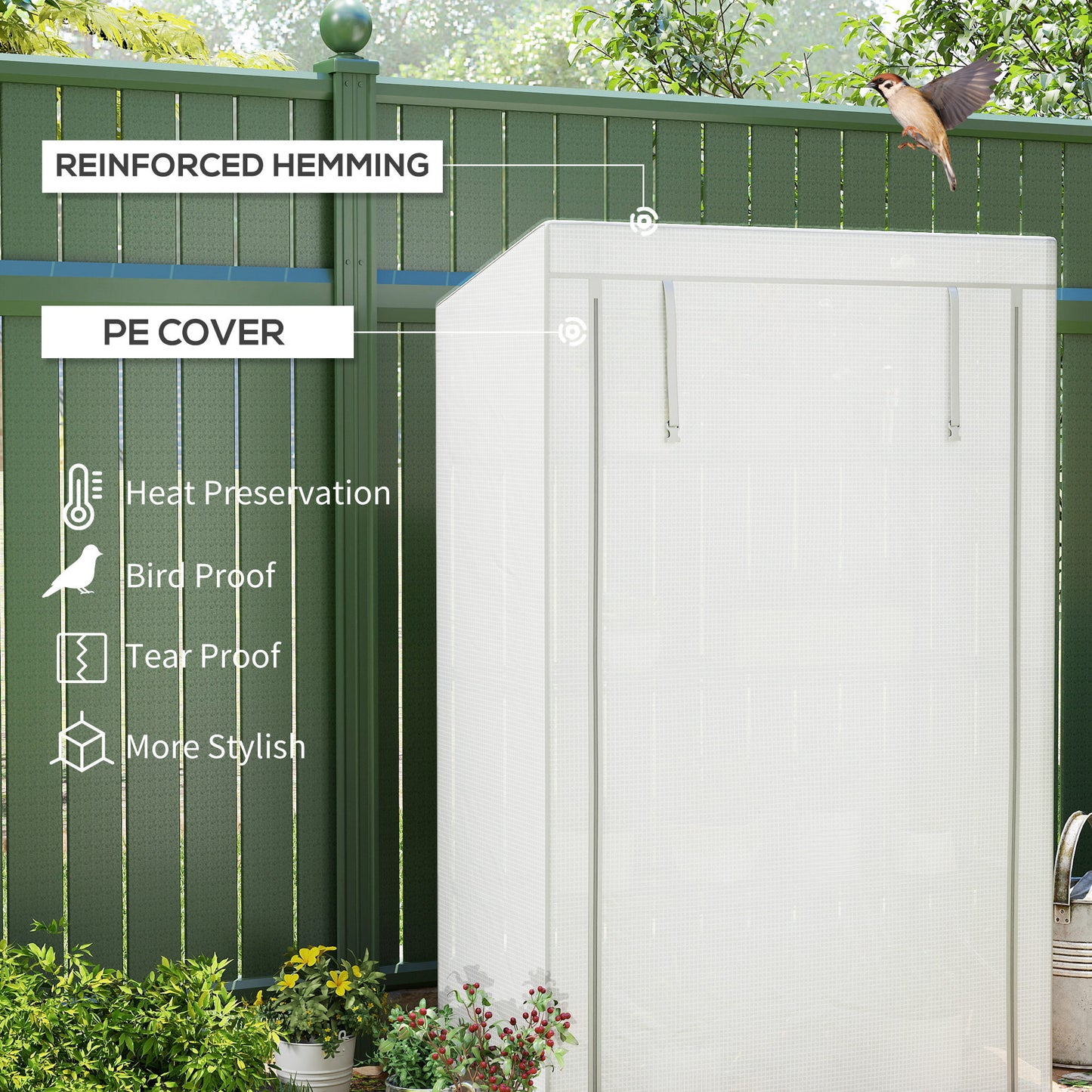 Outsunny Four Tier Mini Greenhouse Grey White with 140 g per m2 Plastic Cover and Roll Up Zipped Door