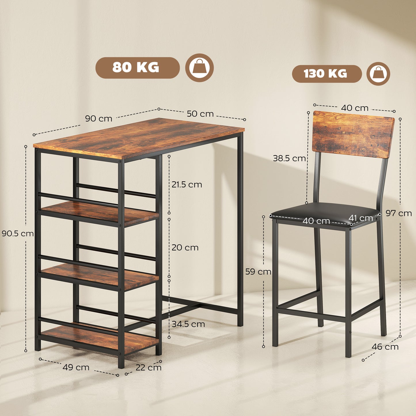 HOMCOM Three Piece Compact Bar Table Set With Two Bar Stools Brown and Black Finish Space Saving Kitchen Bar Furniture