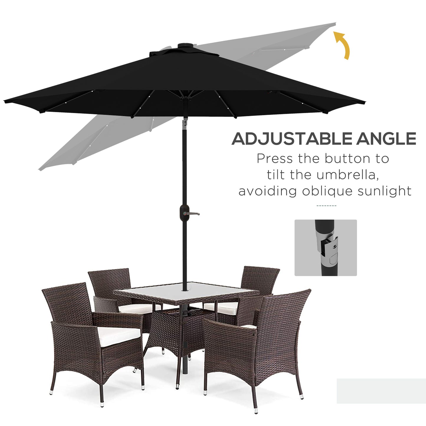 Outsunny 2.7m Black Patio Umbrella with Solar LED Lights and Tilt Function - ALL4U RETAILER LTD