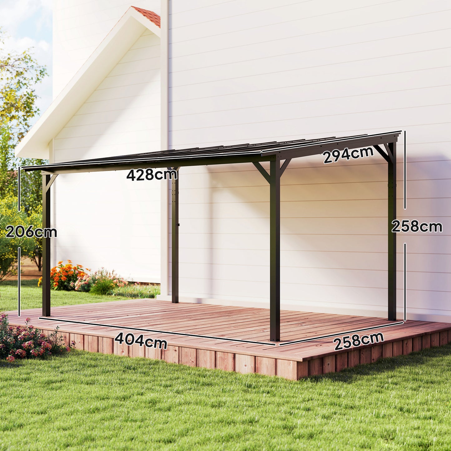 Outsunny 3x4.3m Metal Pergola With UPF 50 Plus Waterproof Polycarbonate Roof Wall Mounted Garden Gazebo Dark Grey