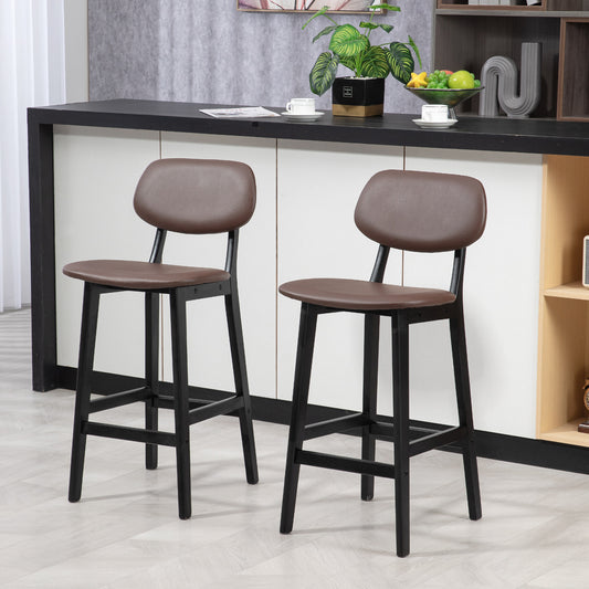 HOMCOM Set of 2 Modern Faux Leather Bar Stools with Wooden Legs and Back Support, Brown - ALL4U RETAILER LTD