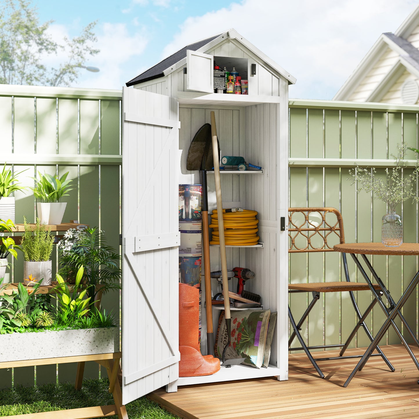 Outsunny Tall Slim Wooden Garden Shed With 3 Removable Shelves And Roof Hatch Outdoor Tool Storage Cabinet Light Grey