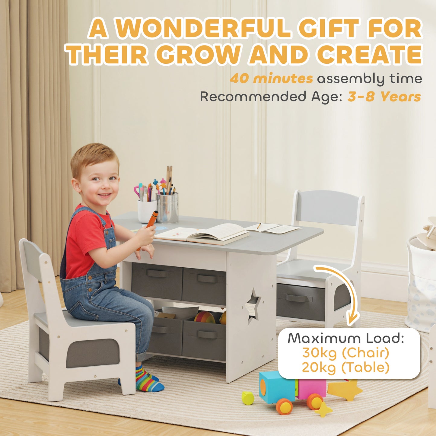 AIYAPLAY Kids Table and Chair Set With Six Removable Drawers for Boys and Girls Ages Three to Eight Light Grey