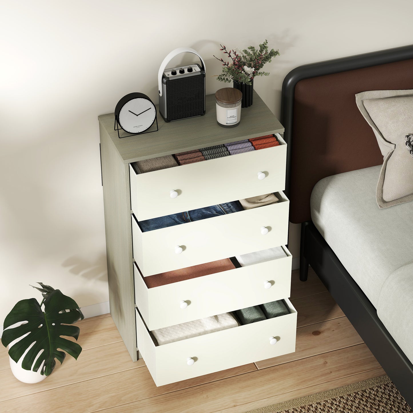 HOMCOM Chest Of Drawers Dresser With Four Fabric Drawers White And Grey Wood Effect MDF Steel Frame