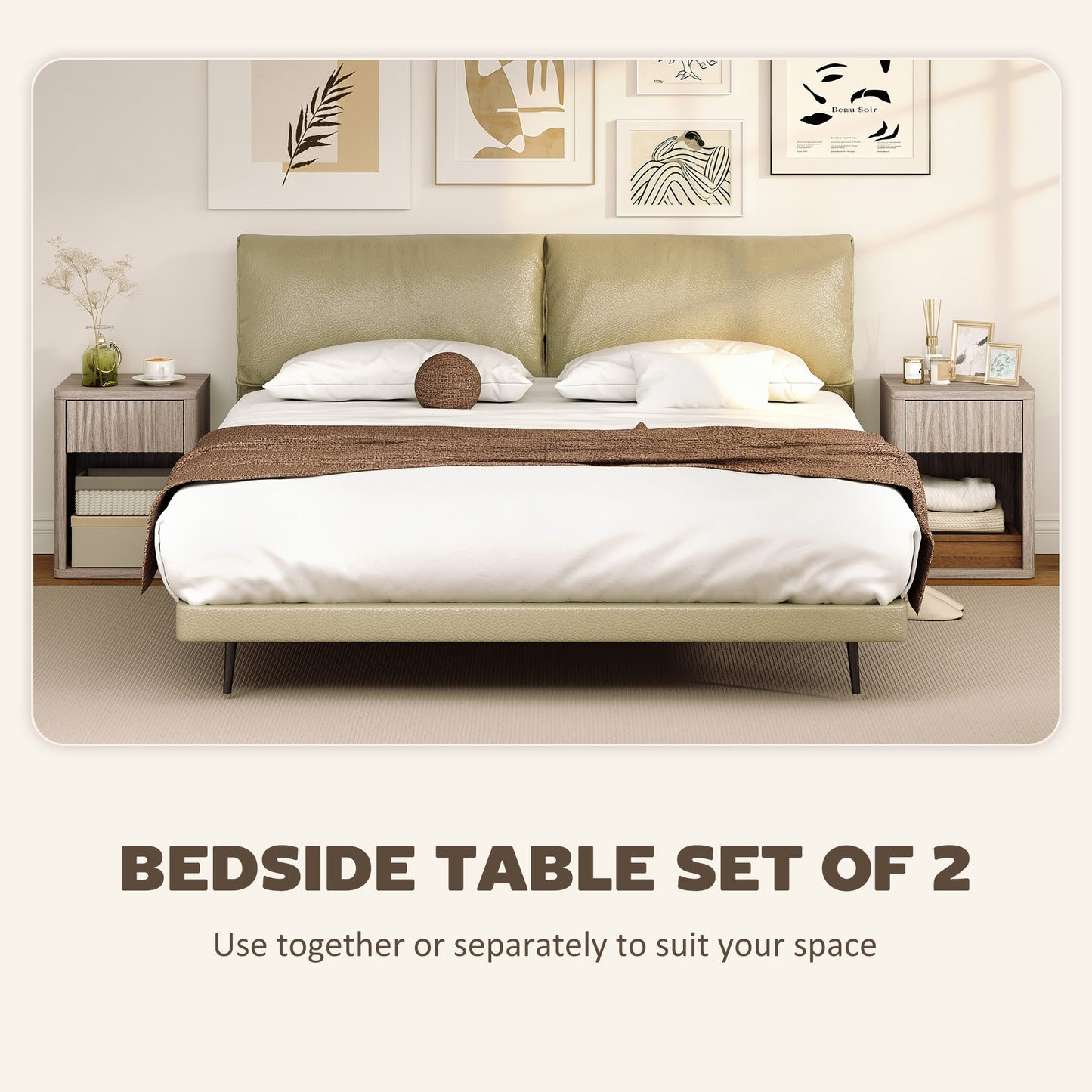 HOMCOM Modern Bedside Table Set of 2 With Drawer and Open Shelf Nightstands for Bedroom Oak Finish