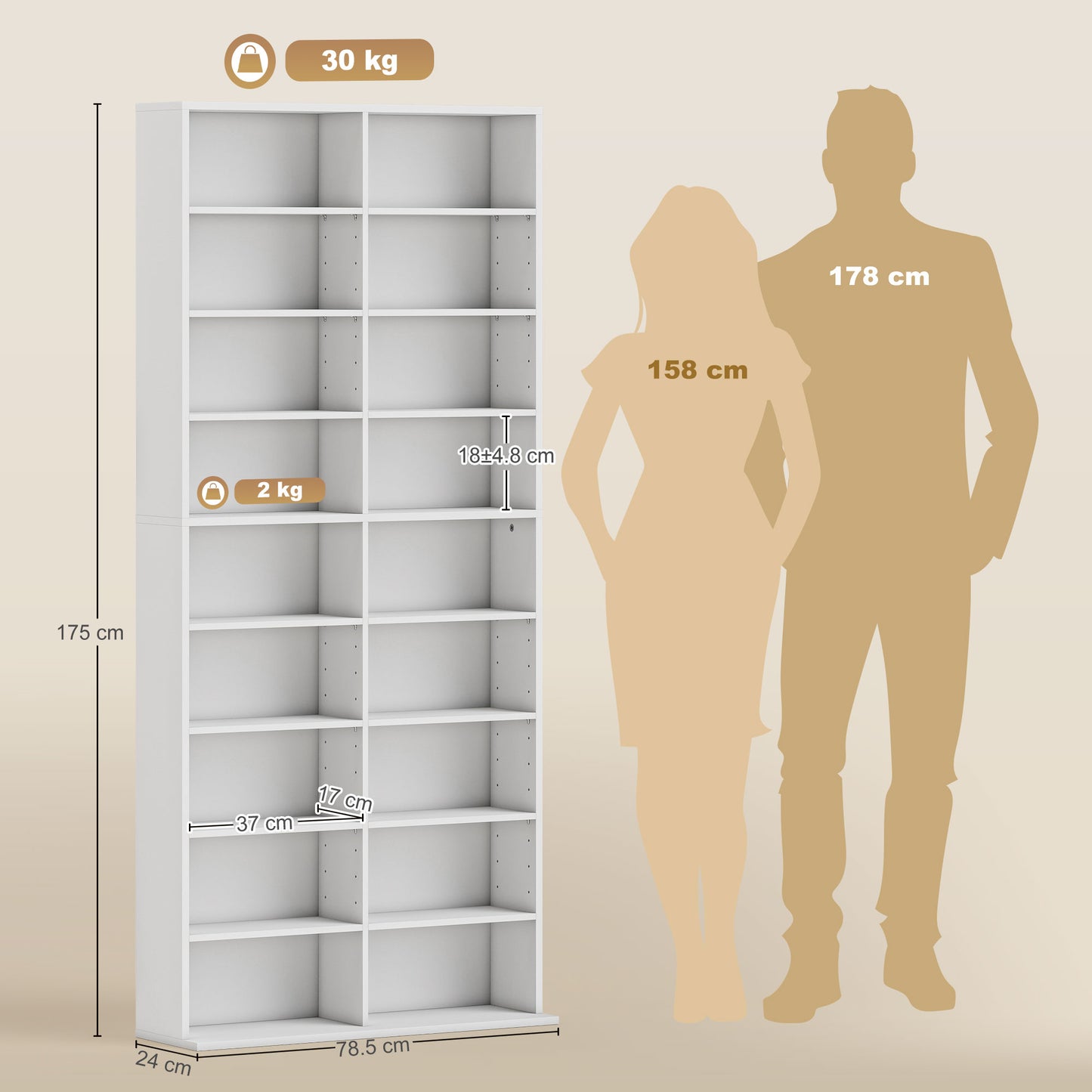 HOMCOM 640 CD Storage Tower White With 14 Adjustable Shelves And Anti Tip Design