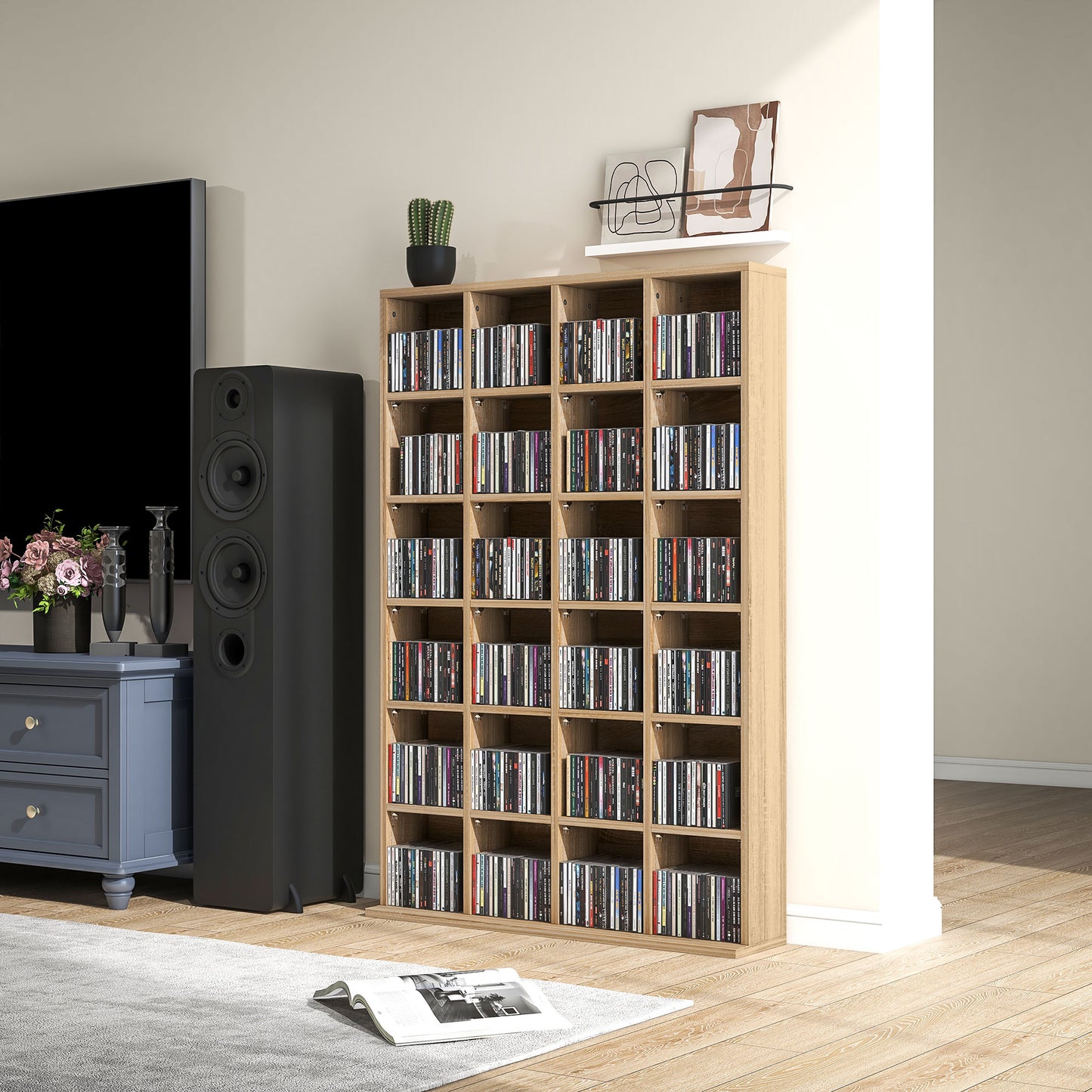 HOMCOM Modern Adjustable CD and DVD Storage Unit in Natural Wood Finish - 89 x 130.5 cm - ALL4U RETAILER LTD