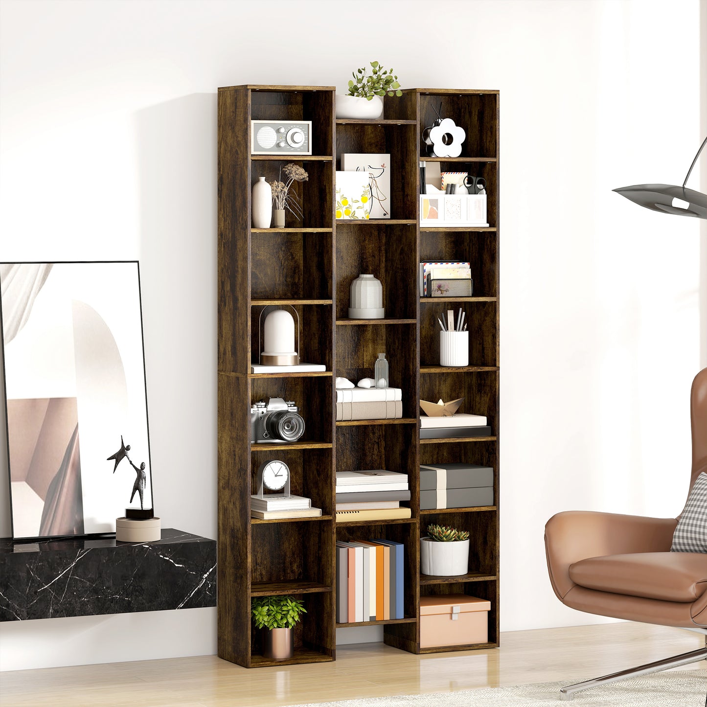 HOMCOM 21 Compartment Tall Bookshelf Brown With Adjustable Shelves And Modern Design