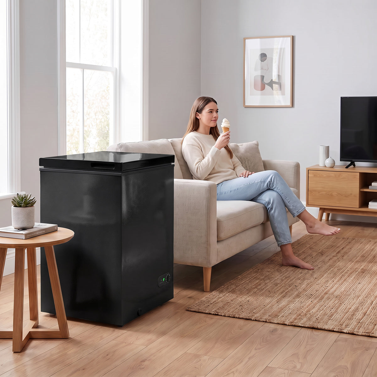 Black freestanding chest freezer with closed lid in living room setting