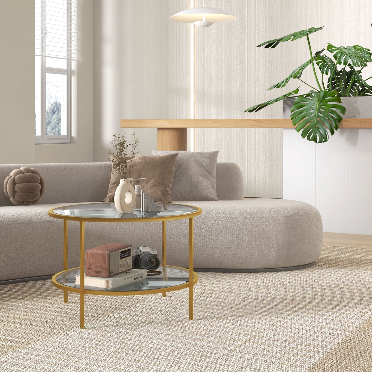 HOMCOM Round Coffee Table With Storage Two Tier Tempered Glass Shelves Gold Tone Steel Frame For Living Room