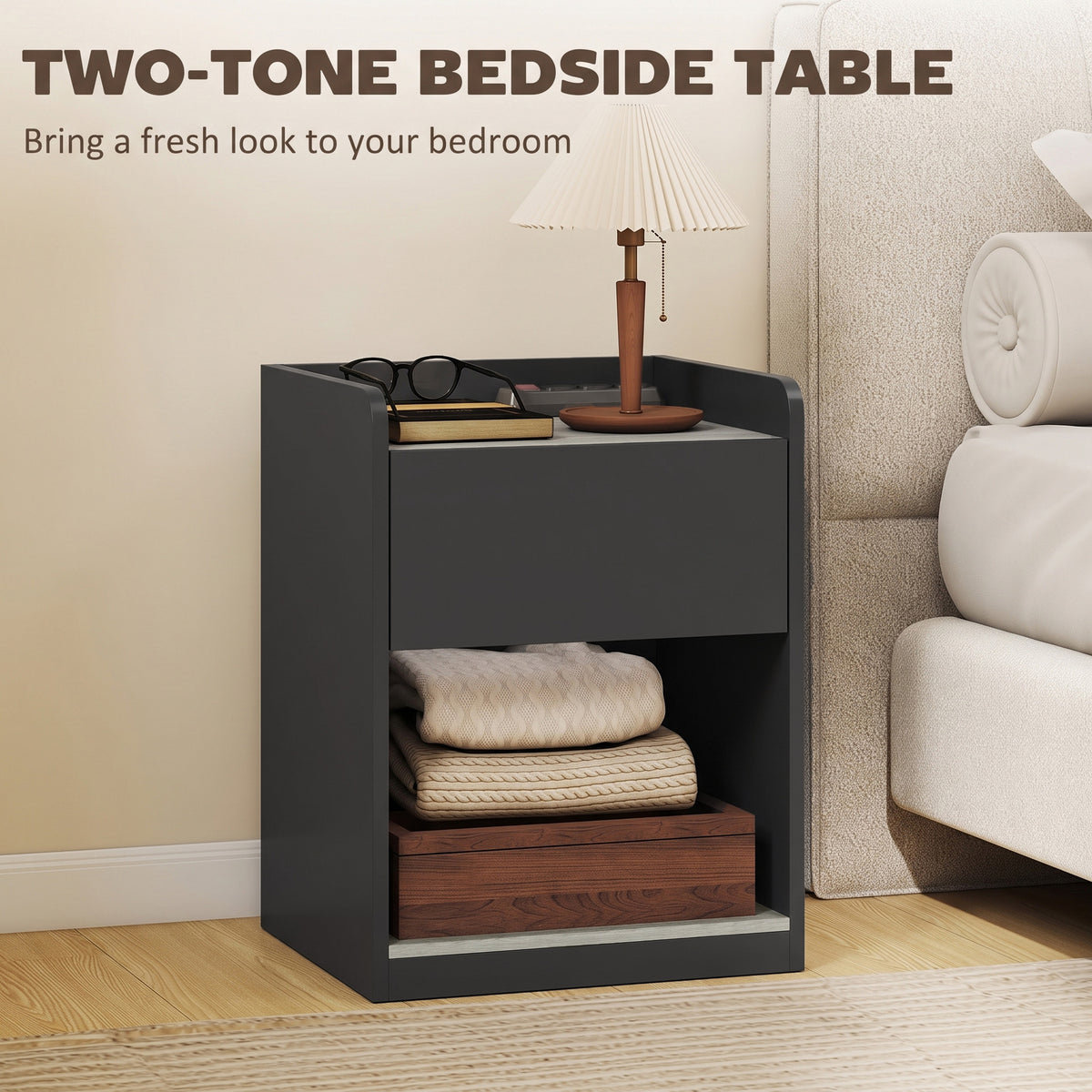 Modern Bedside Nightstand With Drawer Shelf And Cable Holes Grey