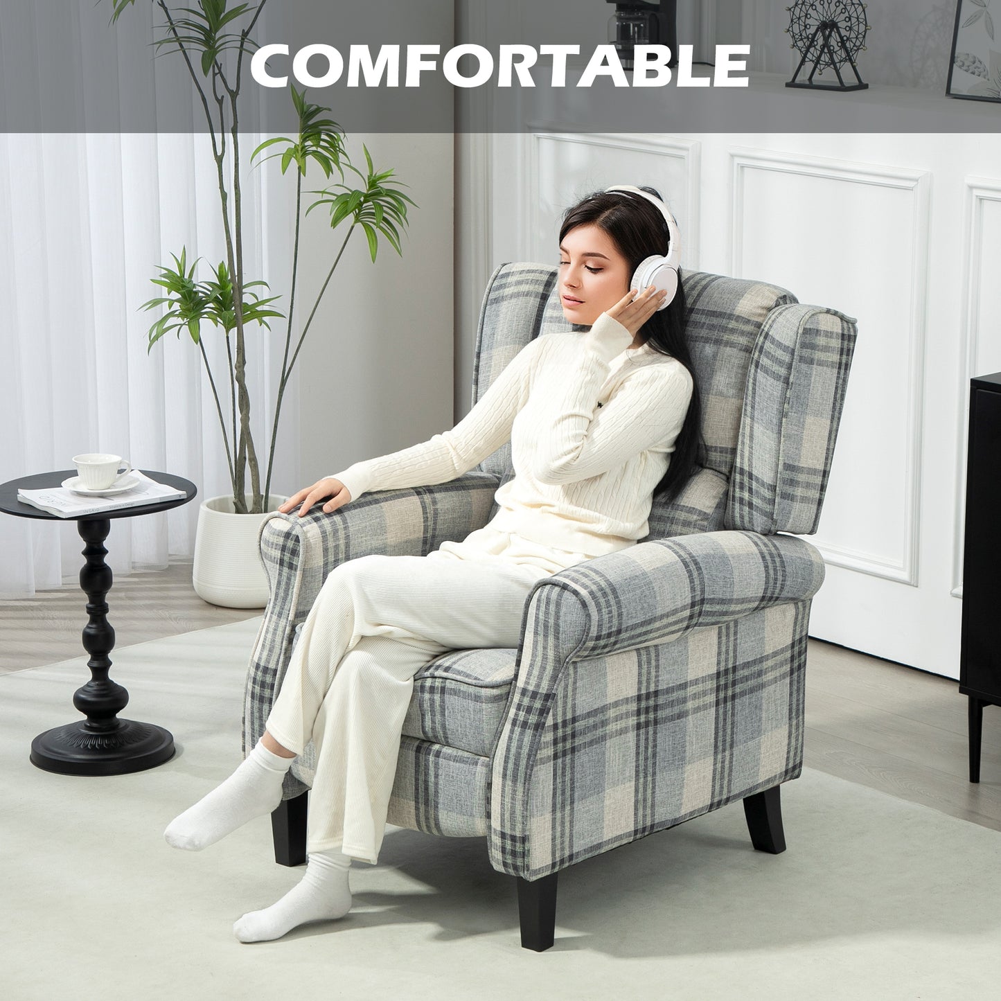 HOMCOM 160 Degree Reclining Armchair With Footrest Grey Checked Linen Feel Upholstery