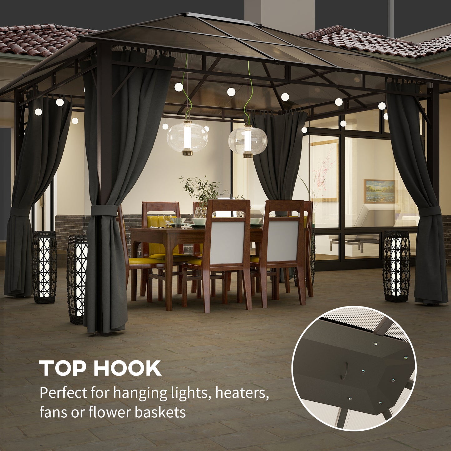 Outsunny 3x3.6m Hardtop Gazebo With Polycarbonate Roof Garden Pavilion Removable Curtains Steel Frame Dark Grey