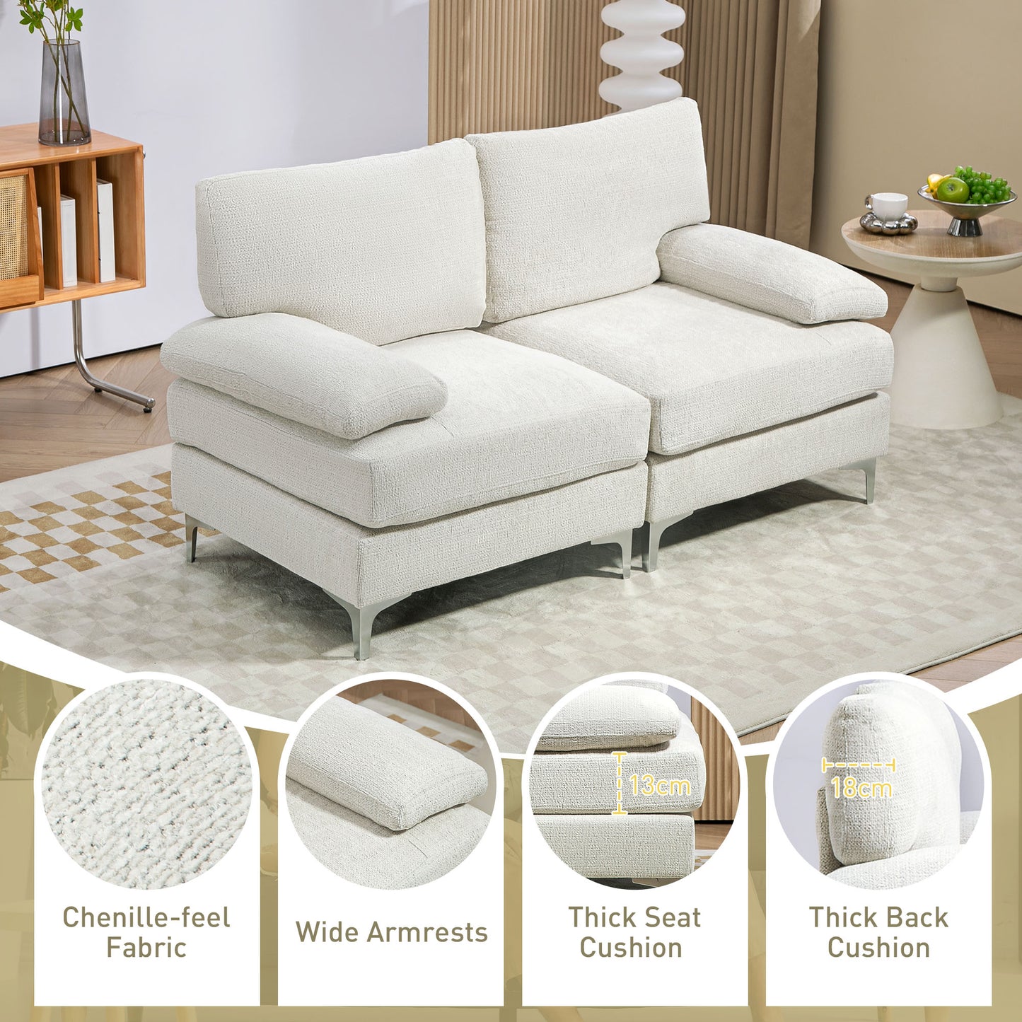 HOMCOM Contemporary Cream White Loveseat Sofa with Spring Cushions and Sturdy Metal Legs - ALL4U RETAILER LTD