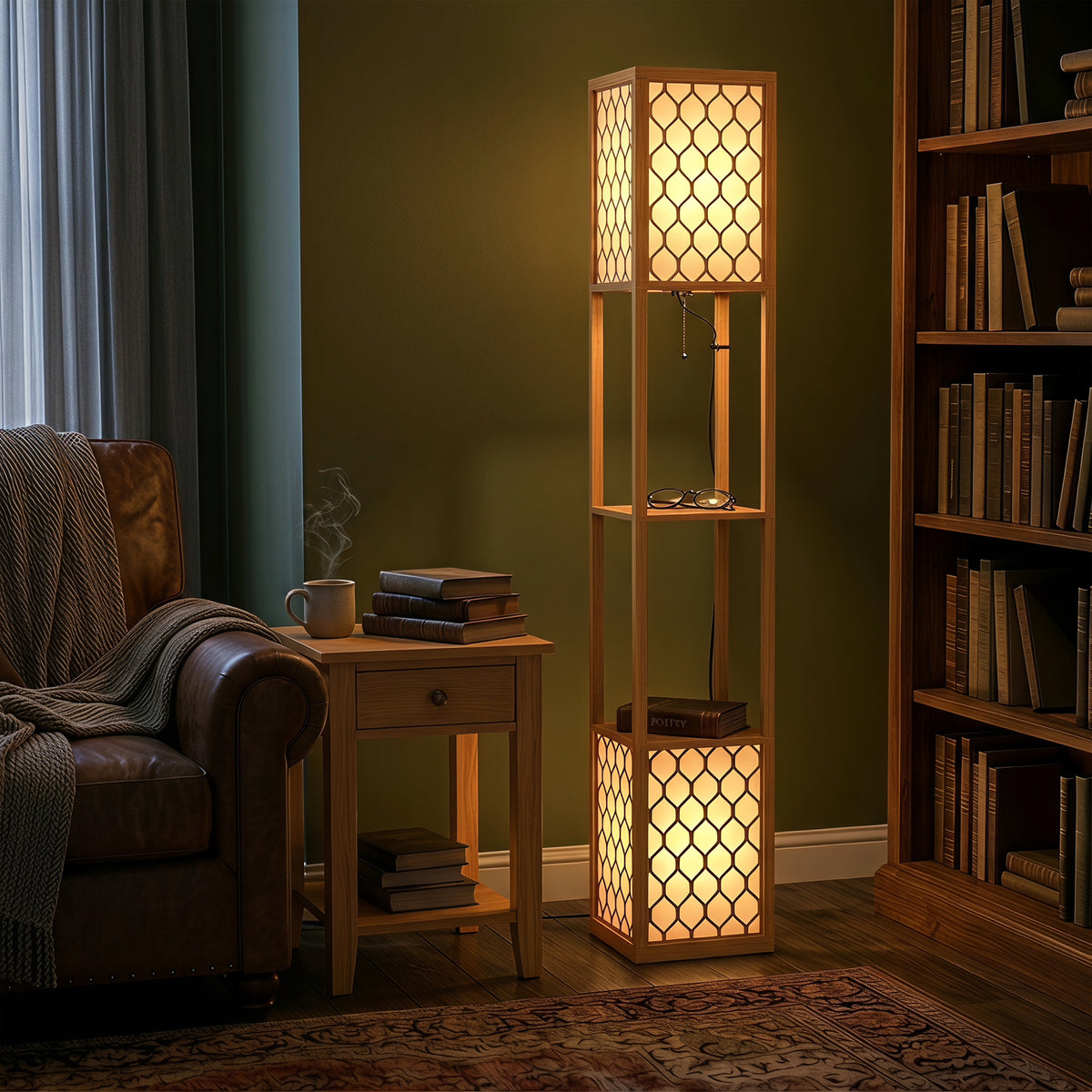 Dual head standing floor lamp with glowing lattice panels and built-in open shelving