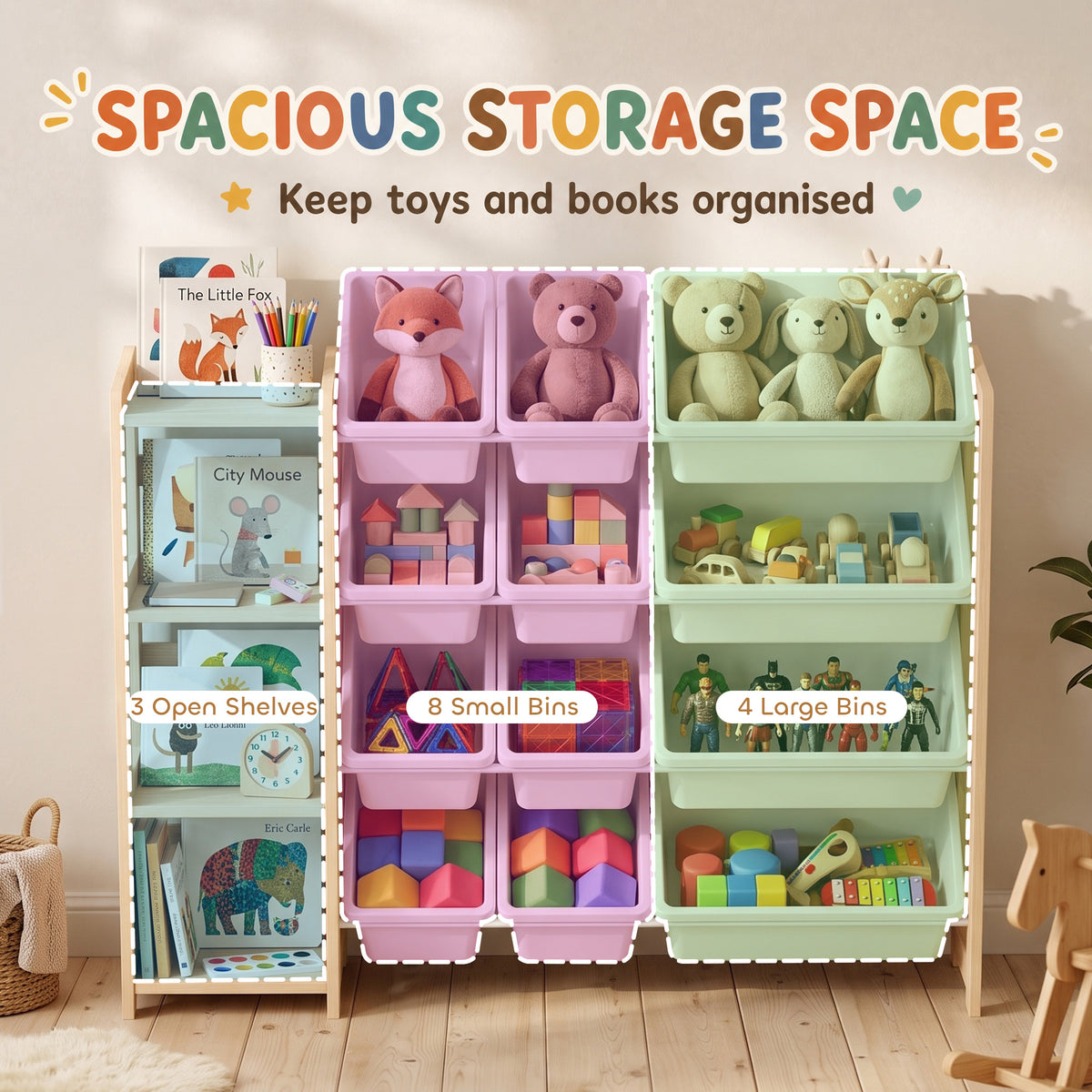 Kids toy storage organizer with colorful bins and three open shelving sections
