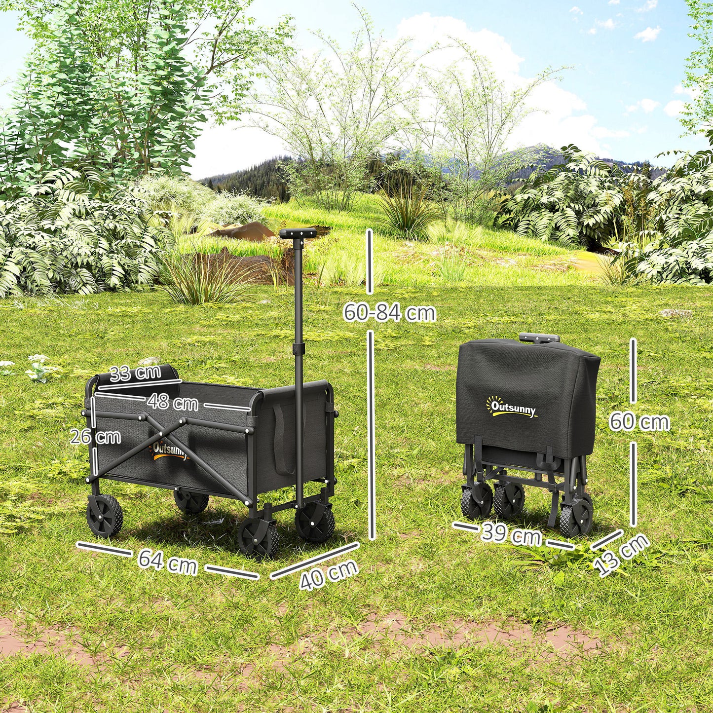 Outsunny 41L Trolley On Wheels Folding Wagon With 60kg Capacity Adjustable Handle Carrying Bag Beach Camping Black