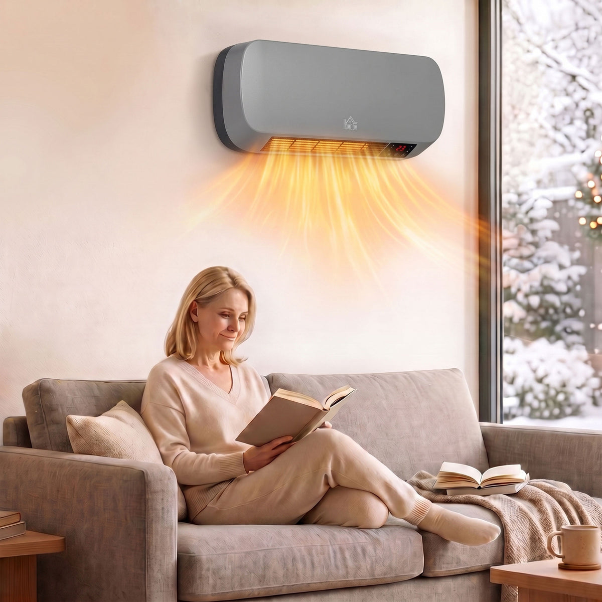 Wall-mounted ceramic heater in gray, warming glow aimed downward on interior wall