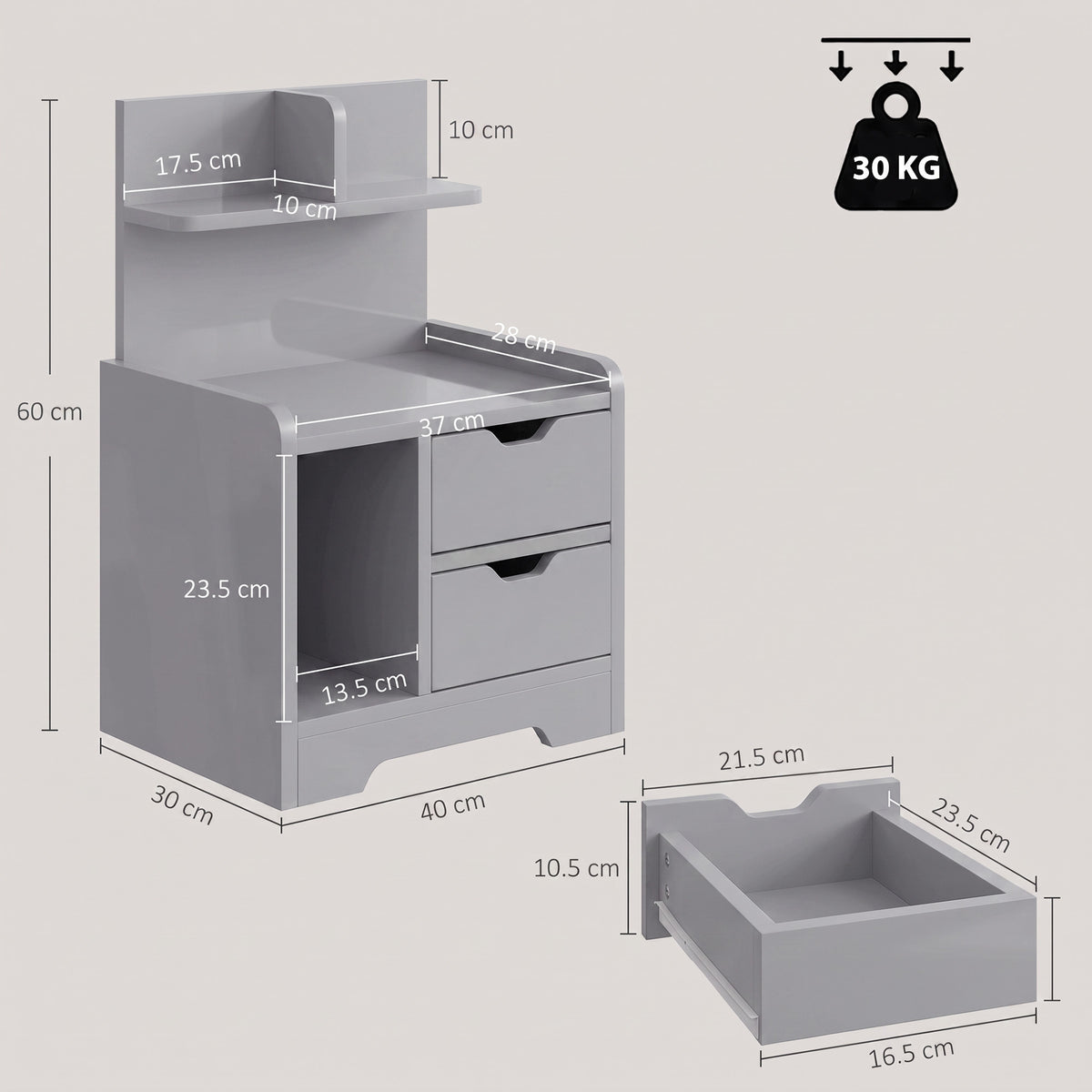 HOMCOM Grey Bedside Table with 2 Drawers and Open Storage Shelves for Bedroom