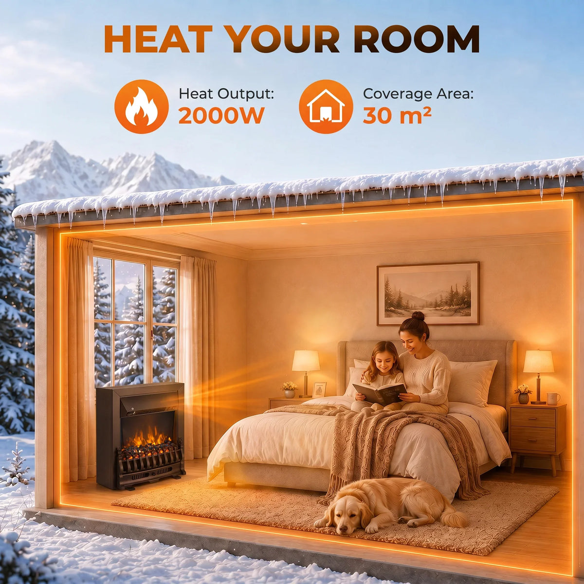 Electric fireplace stove with LED flame effect and built-in heater for a room