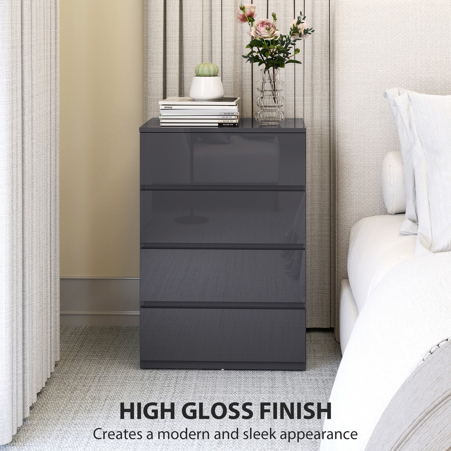HOMCOM High Gloss Chest Of Drawers 4 Drawer Storage Cabinet Modern Bedroom Dresser Grey