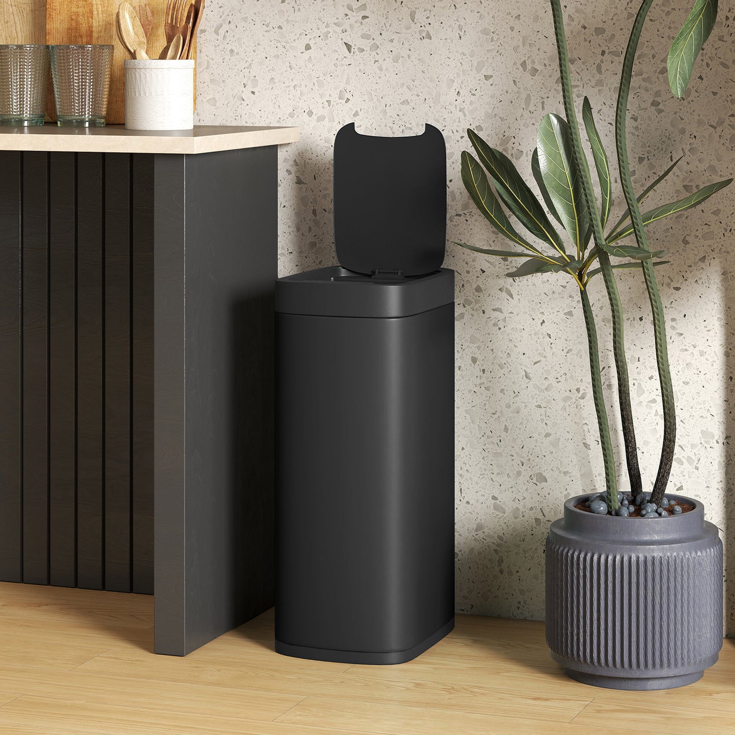 HOMCOM 50L Sensor Bin Automatic Trash Can With Manual Override Battery Powered Inner Bucket Free For Kitchen And Bedroom