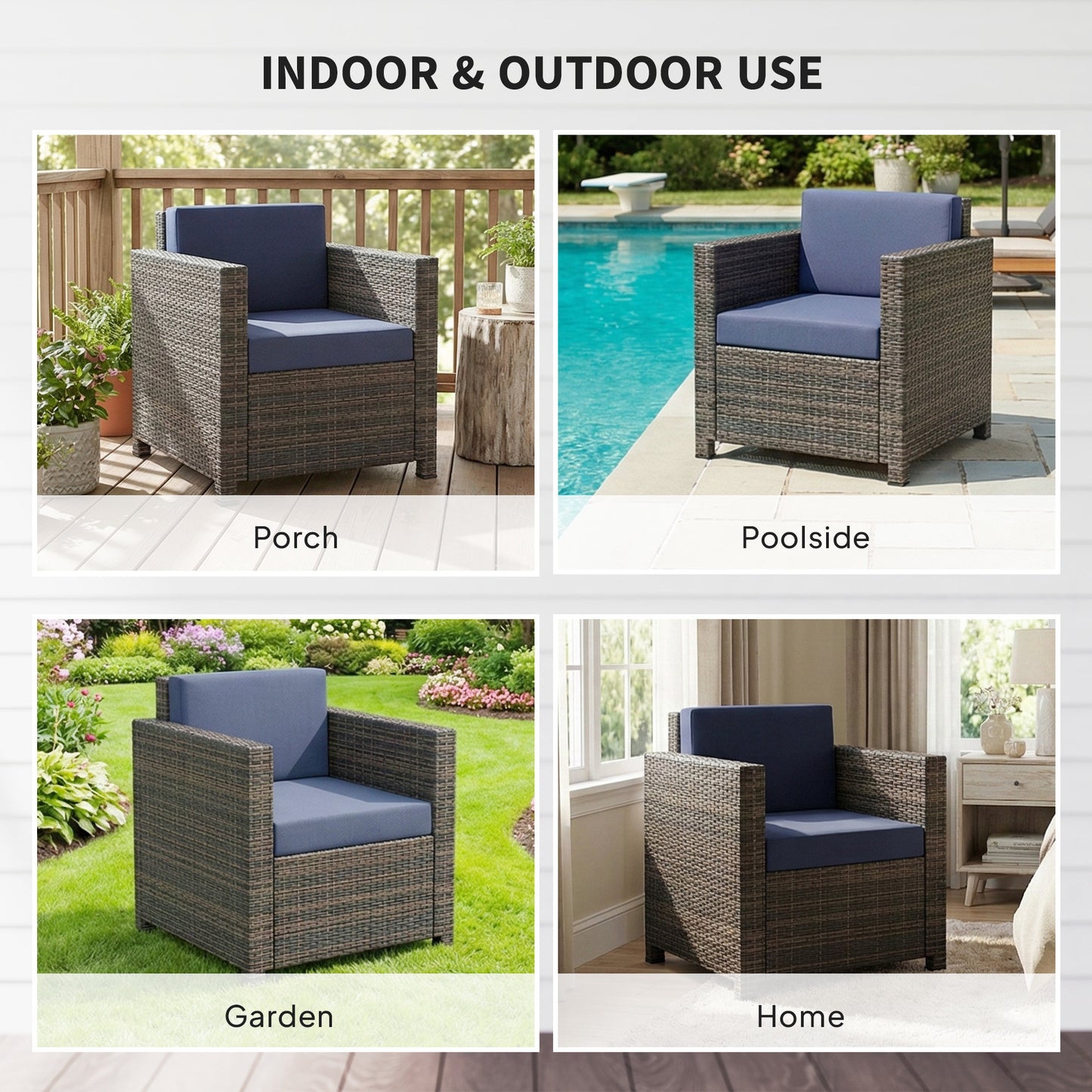 Outsunny PE Rattan Garden Armchair With Cushions Mixed Brown Navy Blue Water Resistant 10 Cm Thick