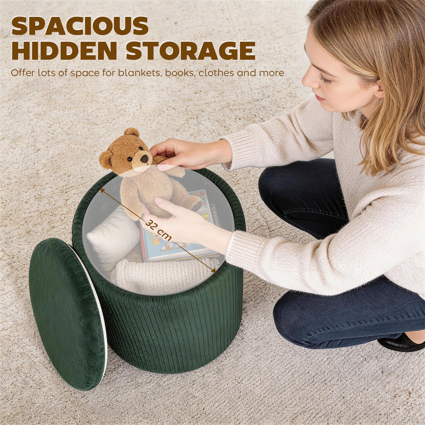 HOMCOM Velvet Round Storage Ottoman Foot Stool 45 cm Dark Green For Living Room And Bedroom With Hidden Storage