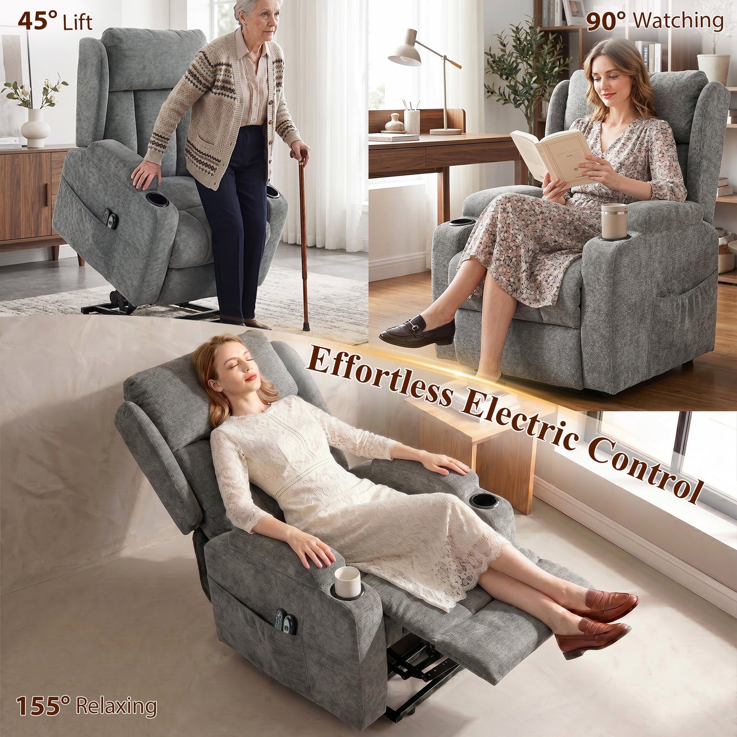 HOMCOM Power Lift Recliner Chair With Vibration Massage And Heat Chenille Riser For Elderly Grey Armchair