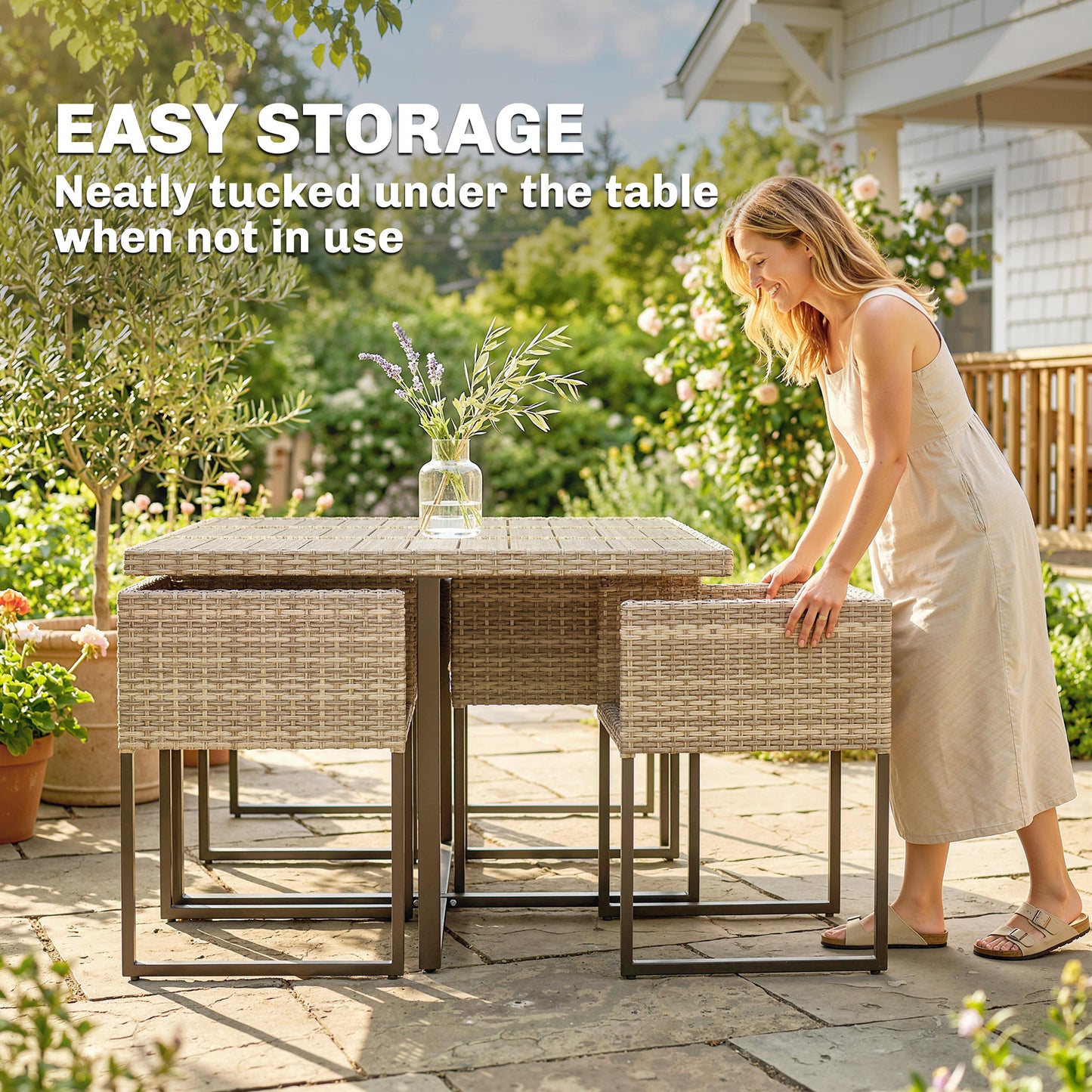 Outsunny 7 Piece Rattan Garden Furniture Set Dining Set With Wood Plastic Table And 6 Stackable Chairs Light Brown