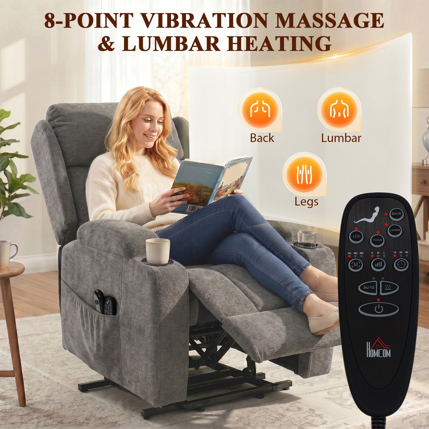 HOMCOM Power Lift Recliner Chair With Vibration Massage And Heat Chenille Riser For Elderly Grey Armchair