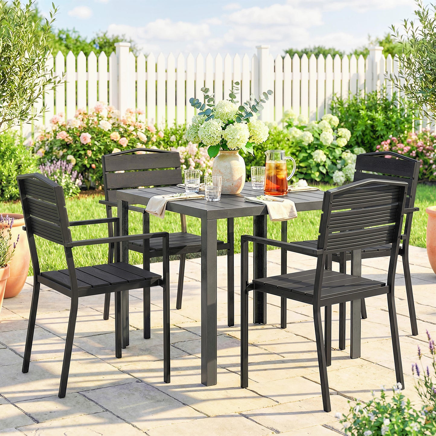 Outsunny Stackable Garden Chairs Set Of 4 Dining Chairs With Slatted HDPE Seat Back And Armrests Metal Frame Black