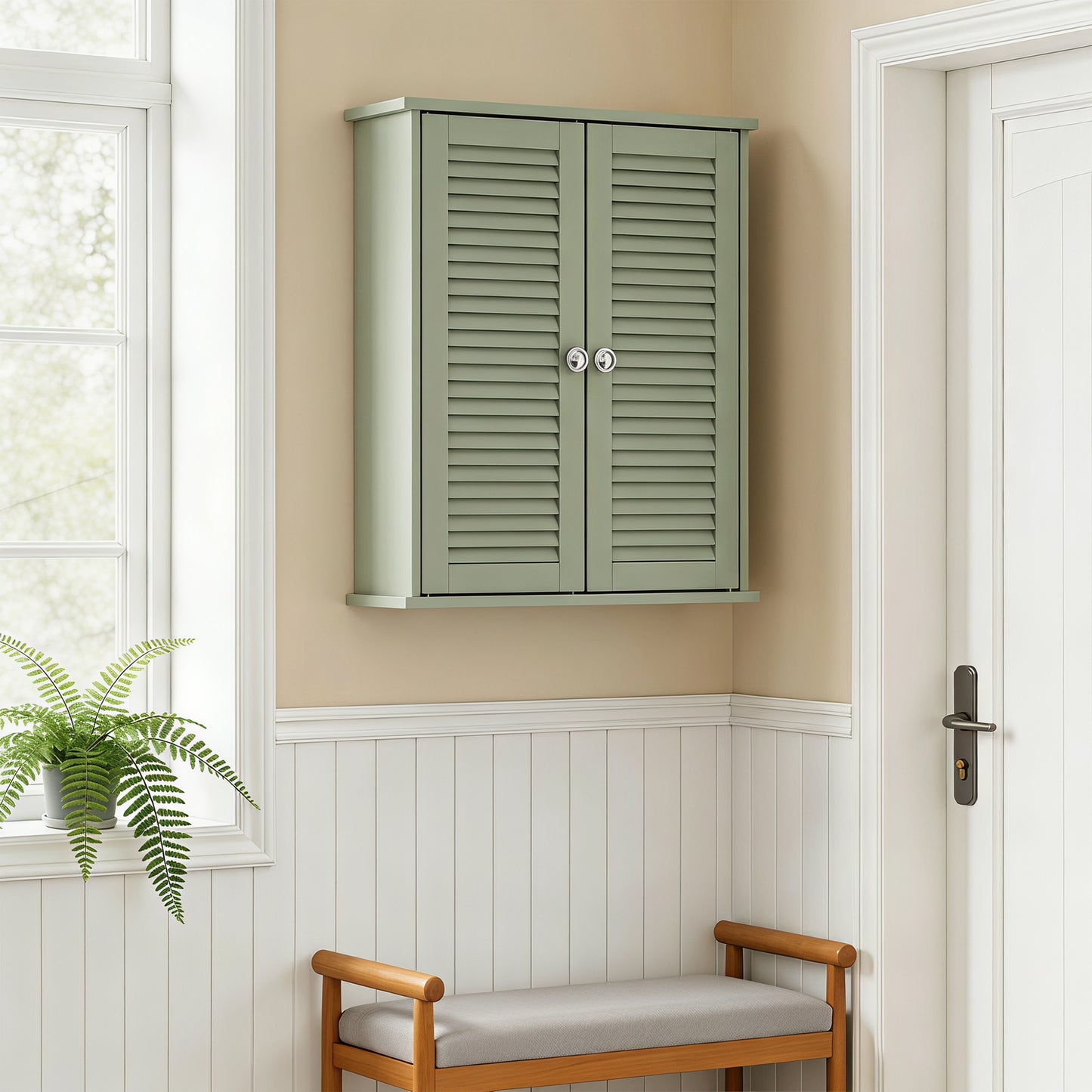 HOMCOM Bathroom Wall Cabinet With Louvered Doors And Adjustable Shelf Storage Light Green