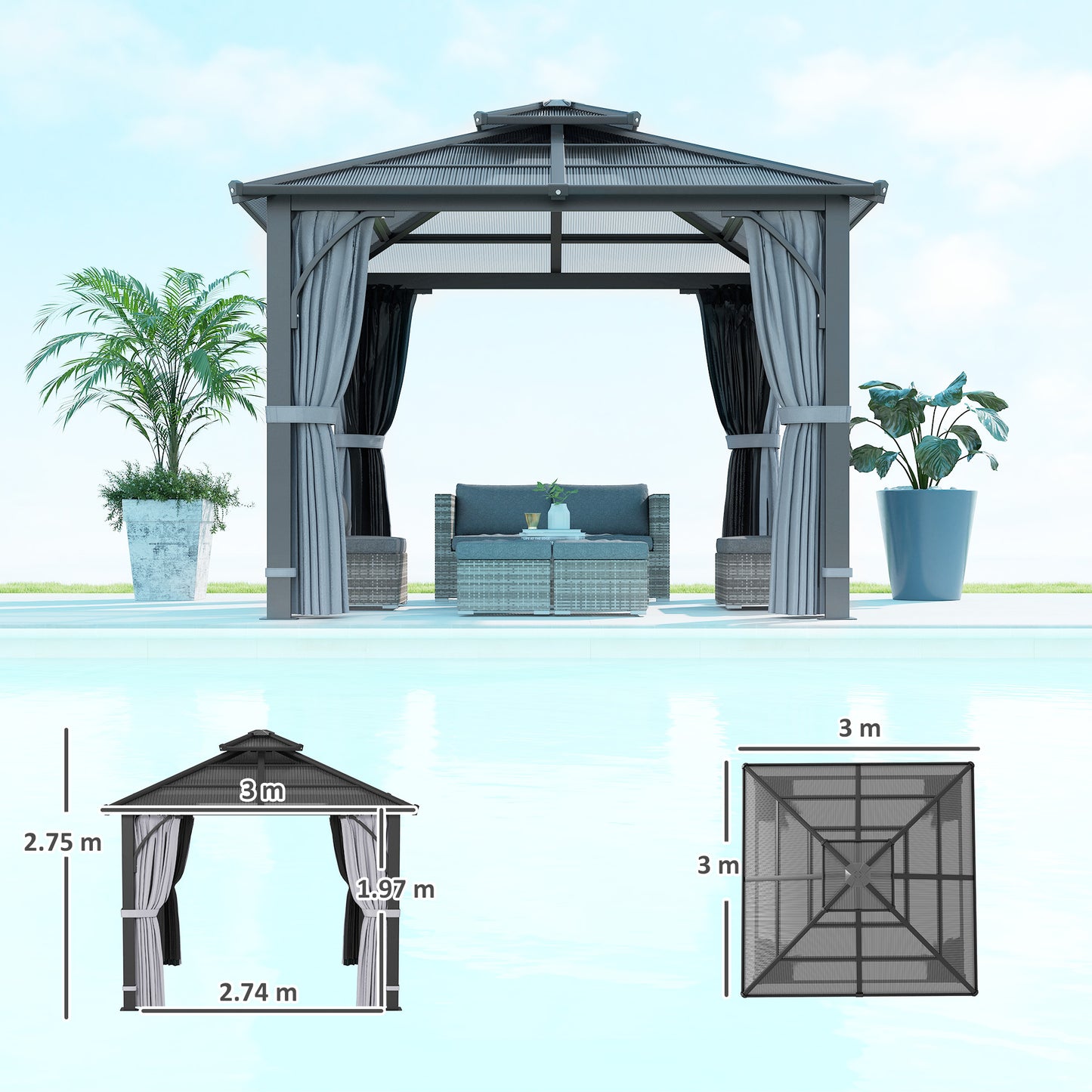 Outsunny 3m x 3m Hardtop Gazebo Canopy With 7mm Polycarbonate Roof Mosquito Netting And Curtains For Patio Dark Grey