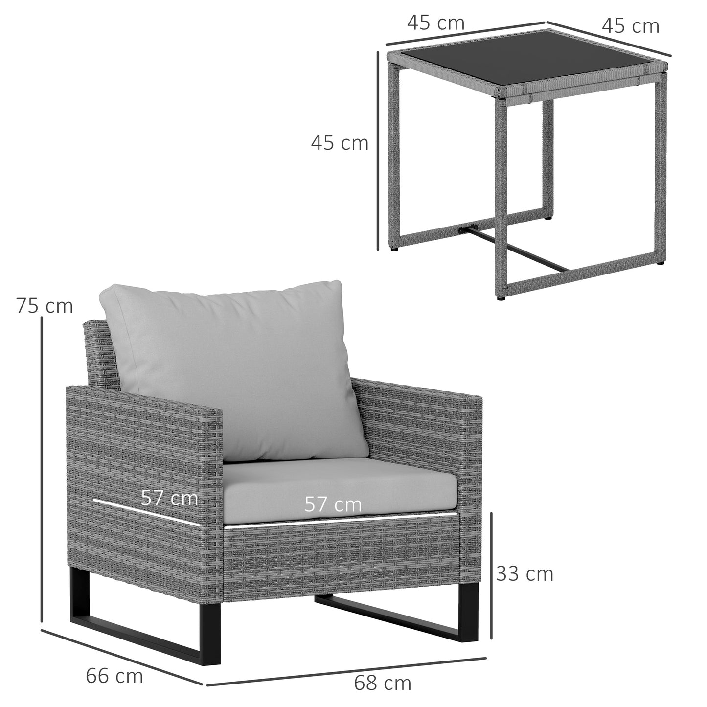Outsunny 3 Piece Rattan Bistro Set With 4 Cushions Wicker Garden Furniture Glass Top Table For Outdoor Patio Grey