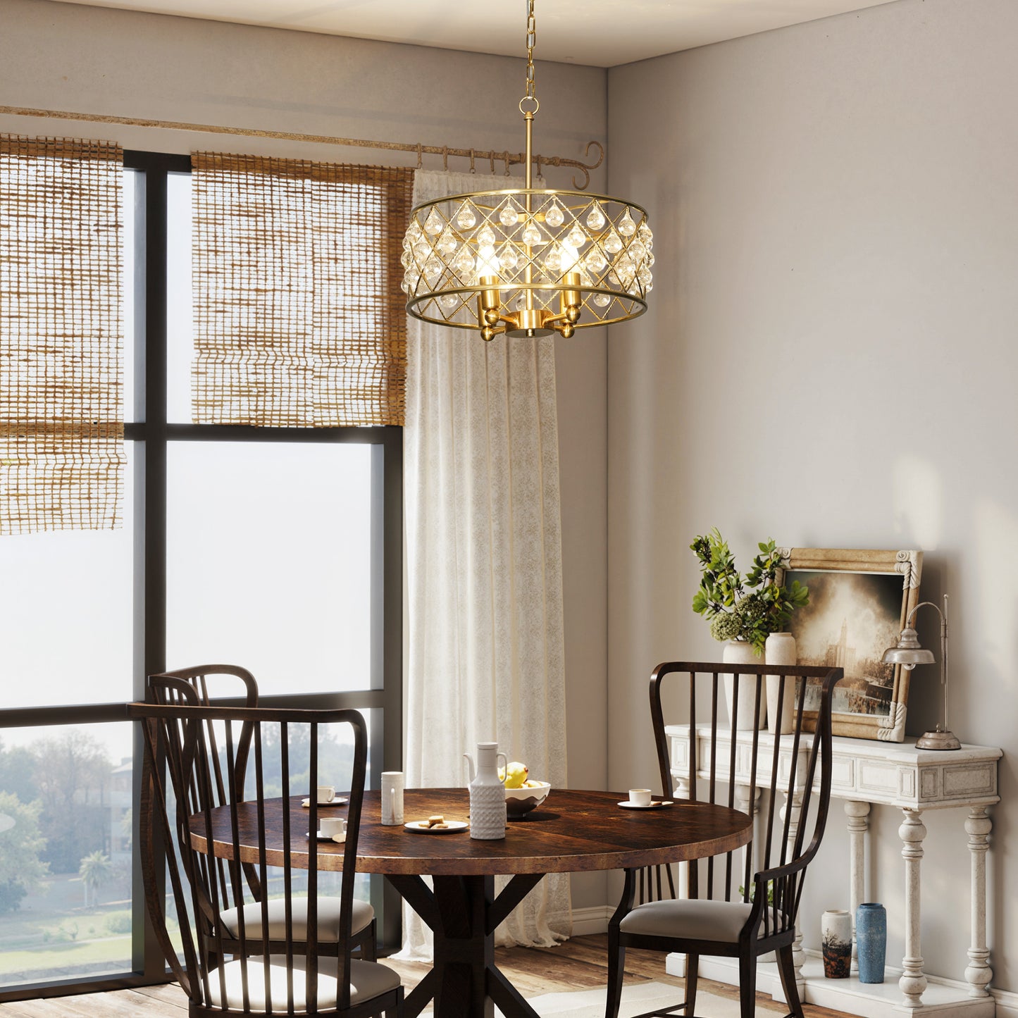 HOMCOM 51 Crystallite Four Bulb Chandelier Gold Tone With Adjustable 130 Cm Chain And Sparkling Crystal Balls