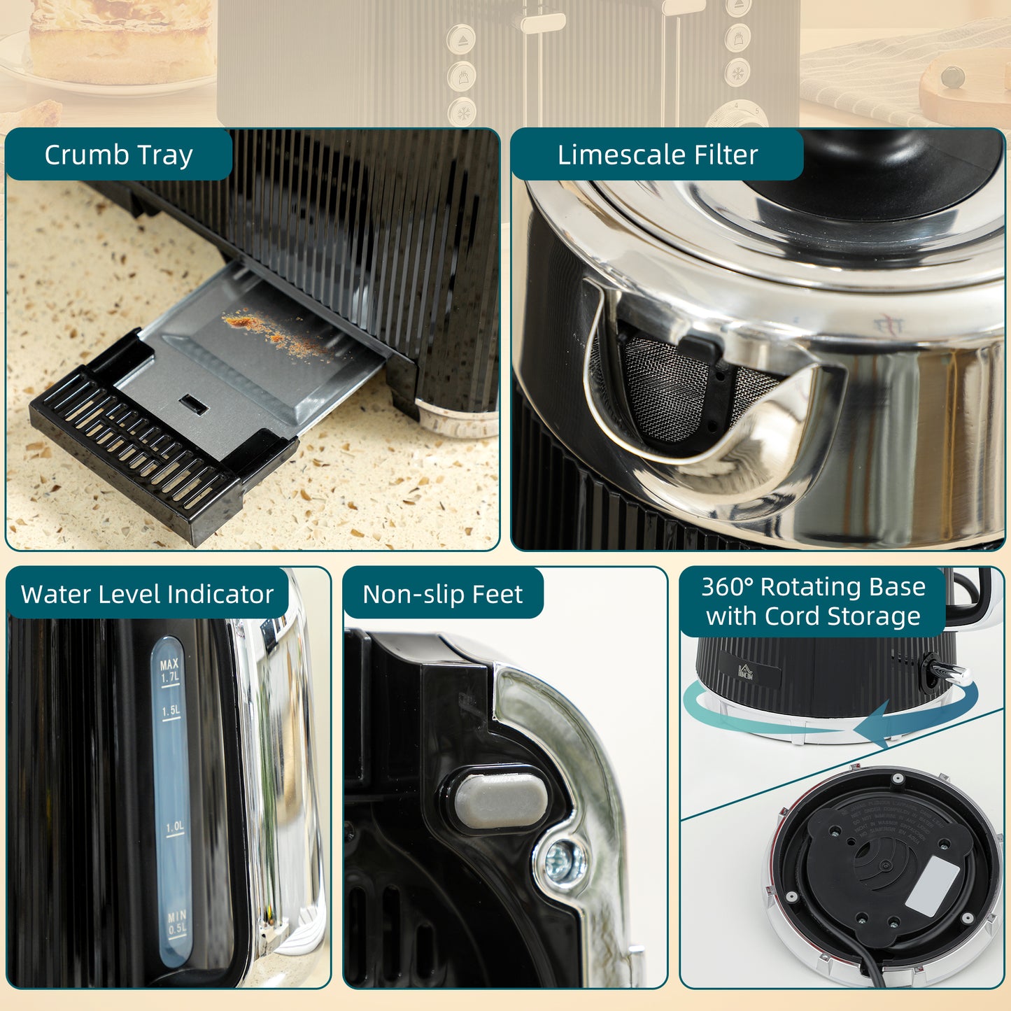 HOMCOM Electric Kettle and Toaster Set 3000W 1.7L Strix Thermostat Limescale Filter Cool Touch 7 Browning Levels Black