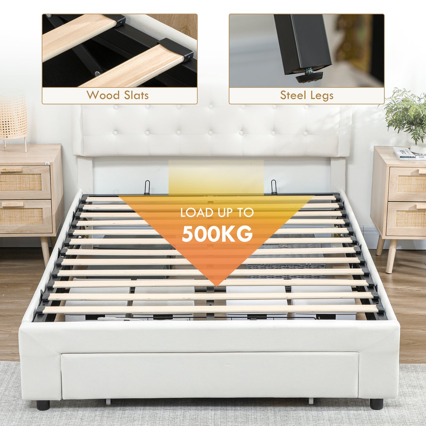 HOMCOM Double Ottoman Bed Frame With Front Drawer Storage Cream 140 x 193.5 cm Gas Lift Mechanism And Easy Lift