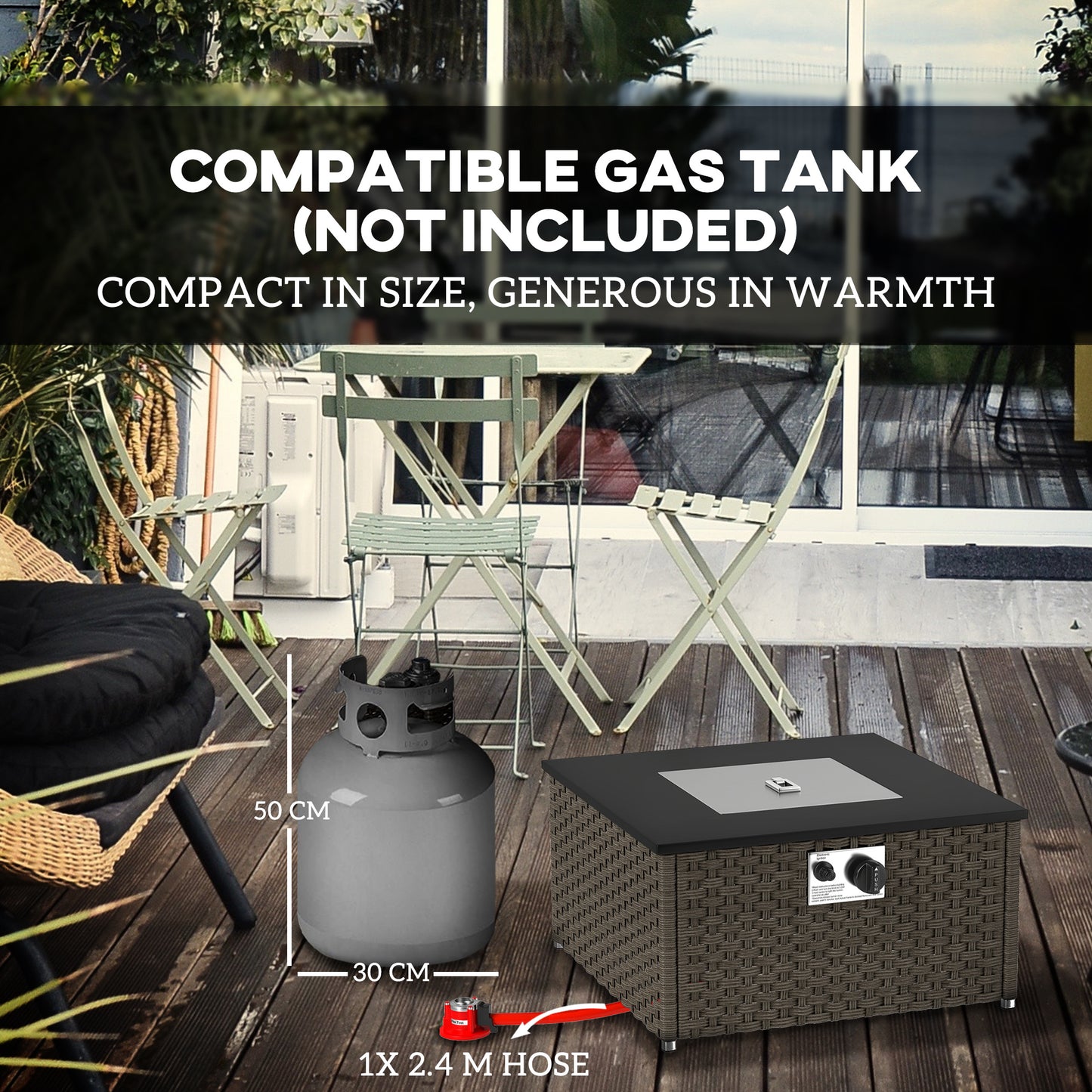 Outsunny Rattan Gas Fire Pit Table for Garden Square 58x58 cm with Lid 13 KW Smokeless Propane Patio Heater Grey