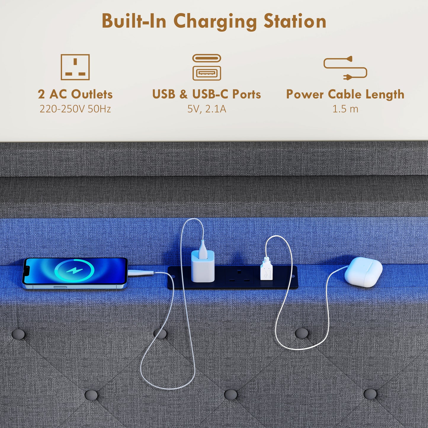 HOMCOM Floating Upholstered 4ft6 Double Size Platform Bed With RGB LED Lights And Charging Station Grey
