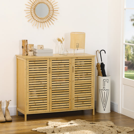 HOMCOM Rustic Shoe Cabinet 3 Door Storage with 8 Shelves Adjustable Upper and Lower Shelves Natural Wood Finish