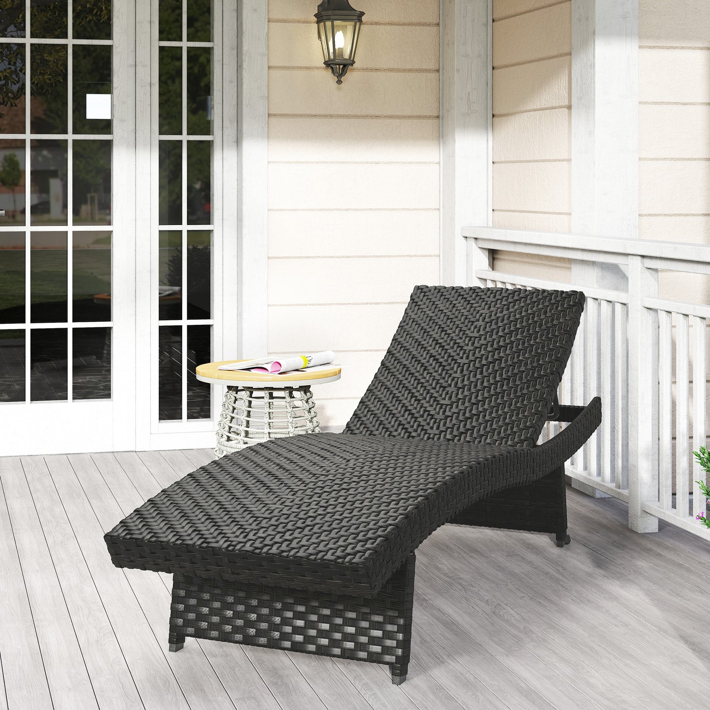 Outsunny Outdoor PE Rattan Sun Lounger Folding Wicker Garden Recliner With 4 Level Backrest Rolling Sunbed Chair Black