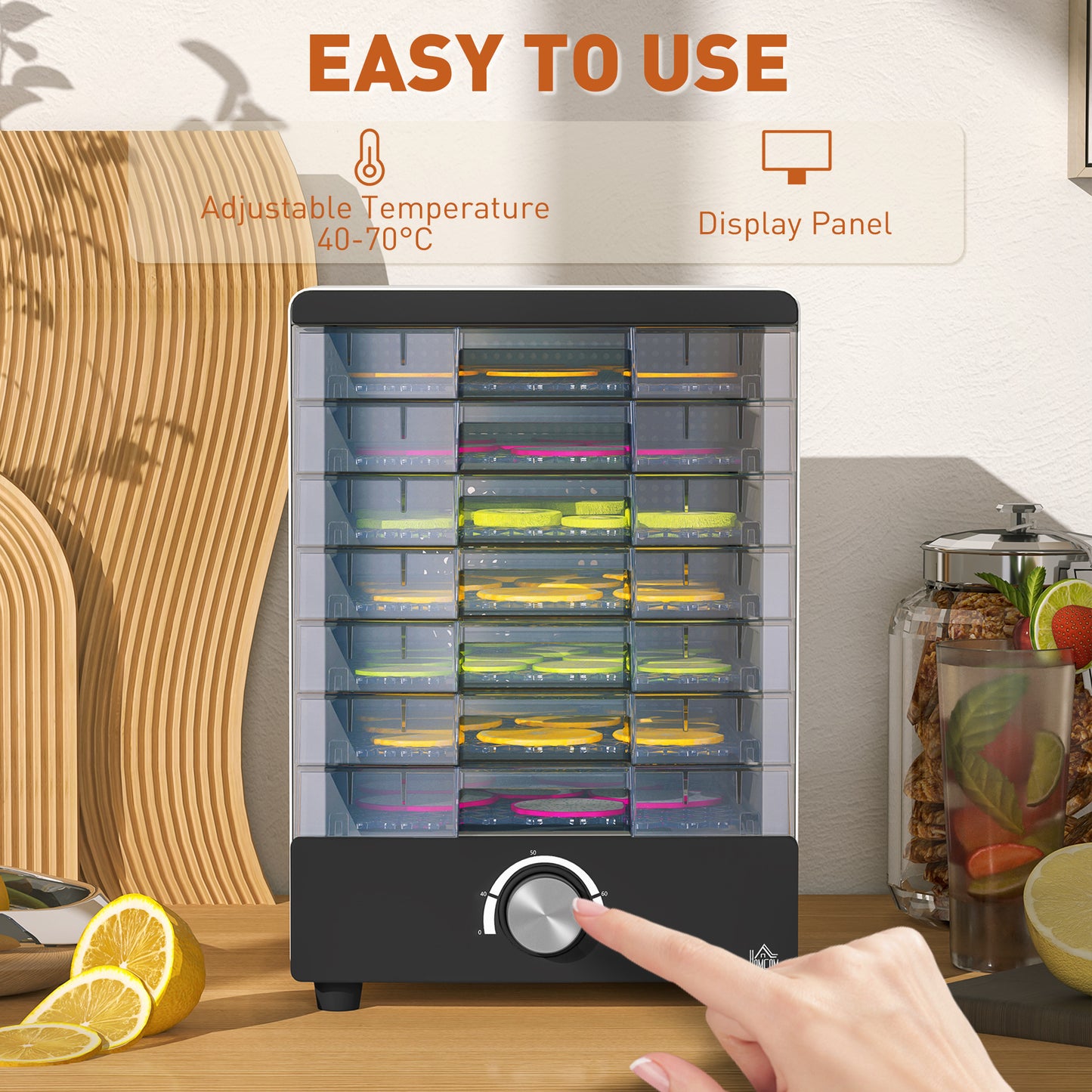 HOMCOM Seven Tray Food Dehydrator With Temperature Control 40 To 70 Celsius White Finish