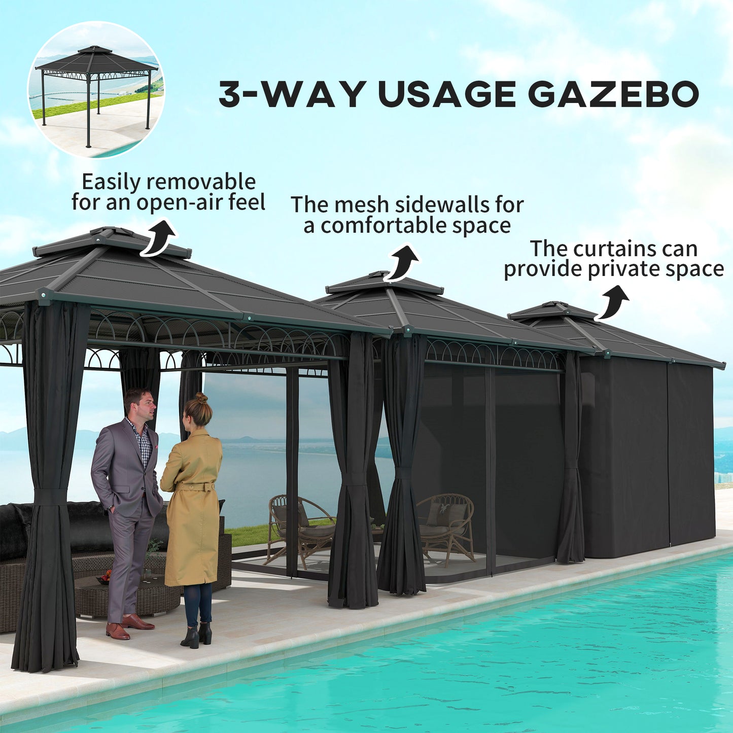 Outsunny 3x3m Outdoor Polycarbonate Gazebo With Double Roof Hard Top Nettings Curtains And Galvanised Steel Frame
