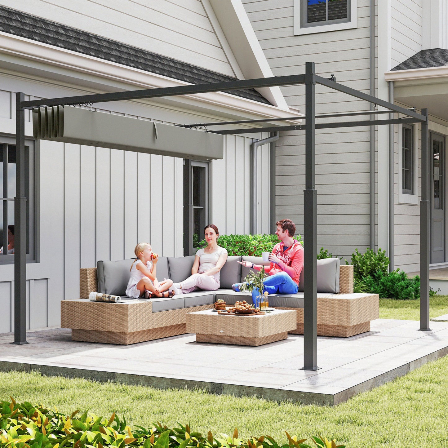 Outsunny 3x3m Metal Pergola With Retractable Roof And Magnetic Fixture Outdoor Gazebo Canopy UPF30 80mm Column Grey