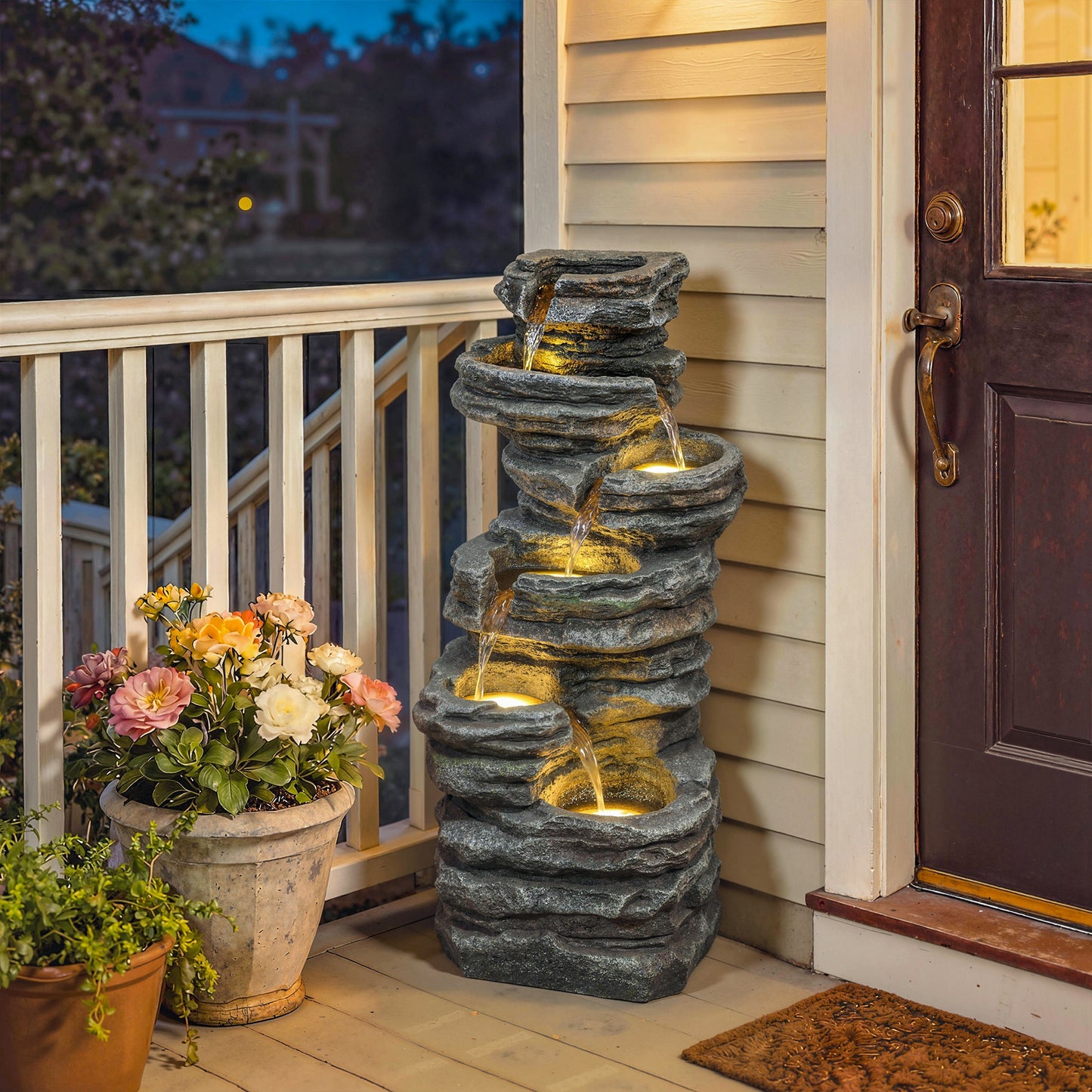 Outsunny 6 Tier Cascading Garden Fountain LED Lights Resin Freestanding Grey Outdoor Water Feature