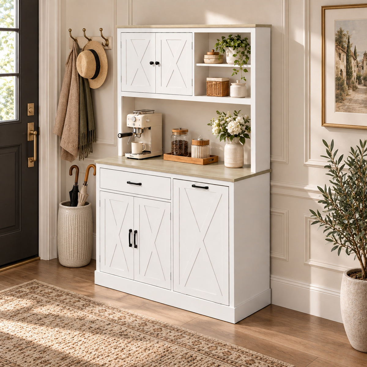 White pantry cabinet with top open cubby, drawers, and double cabinet doors