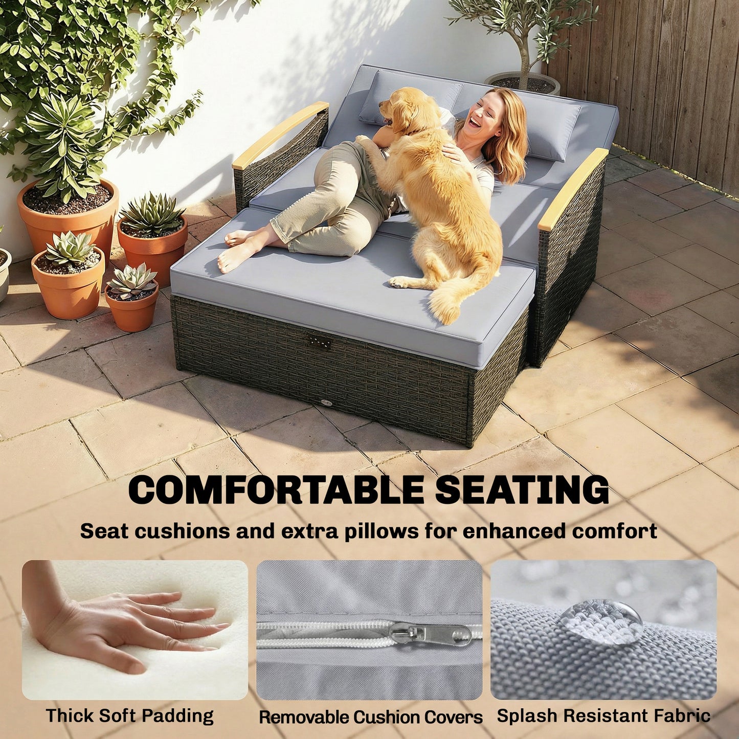 Outsunny Double Outdoor Rattan Daybed Chaise Lounger With Storage Ottoman And 4-Level Adjustable Backrest Dark Grey