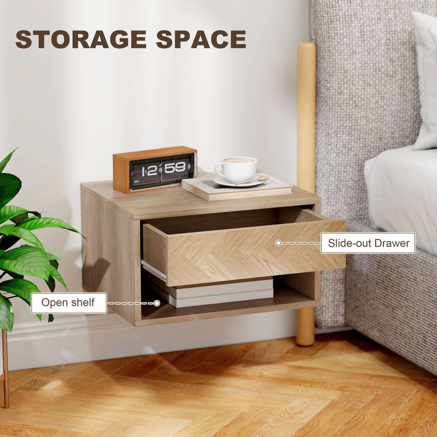 HOMCOM Floating Bedside Tables Set of Two in Natural Wood Finish with Drawer and Open Shelf