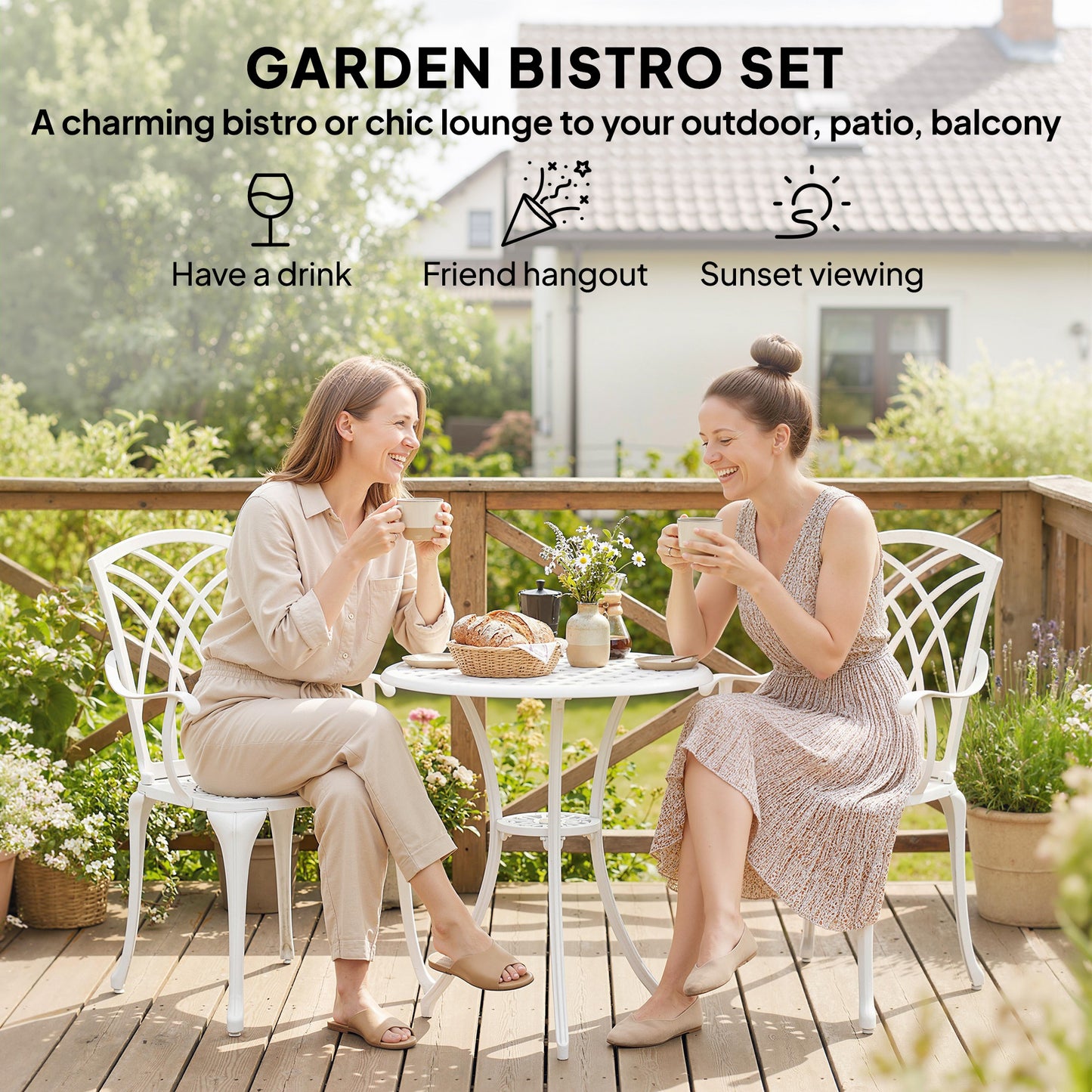 Outsunny 3 Piece Garden Bistro Set Cast Aluminium Outdoor Dining Set With 2 Chairs And Round Table Parasol Hole White